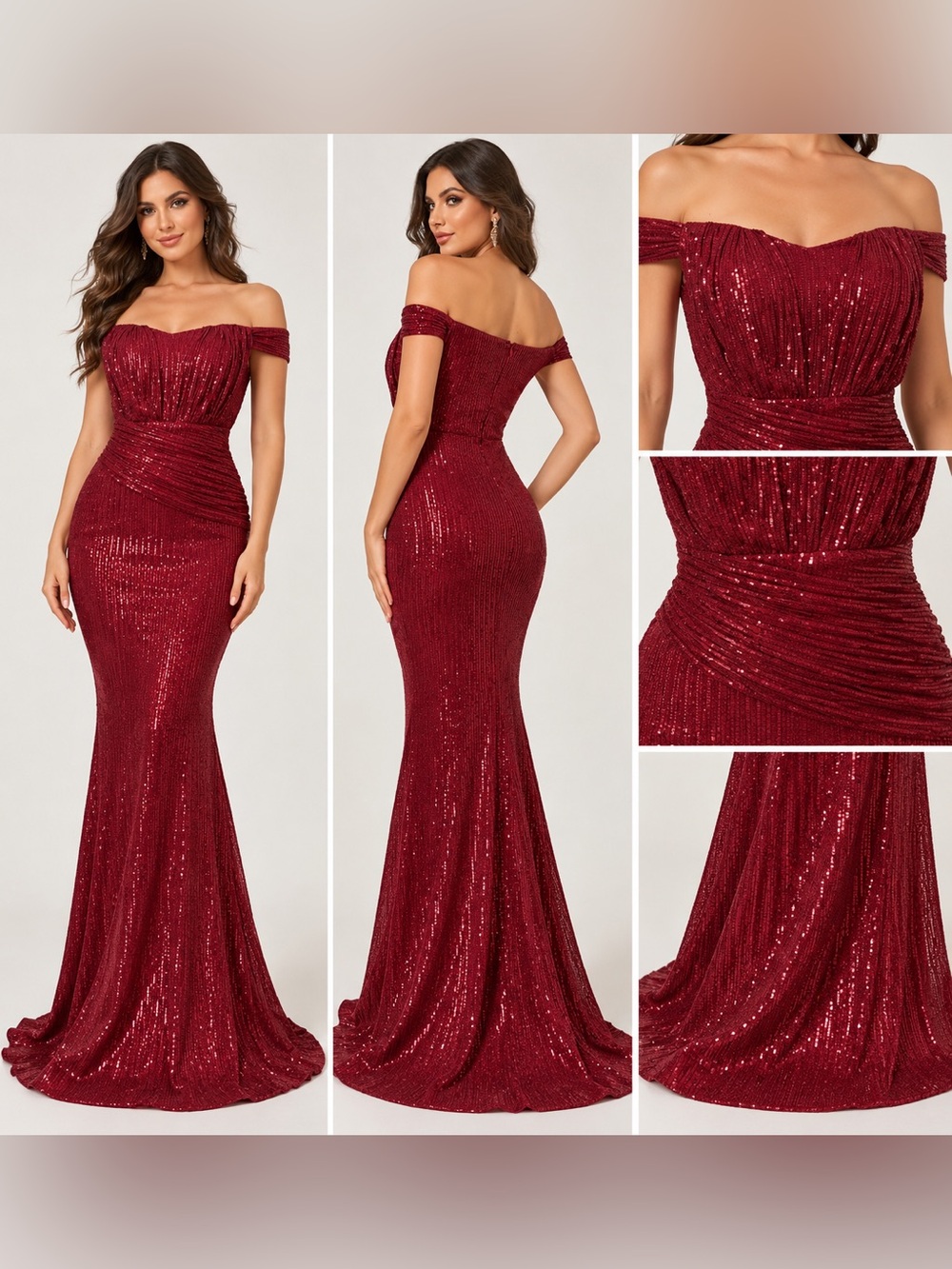 Faeriesty XS Burgundy Sequin Off Shoulder Mermaid Formal Gown